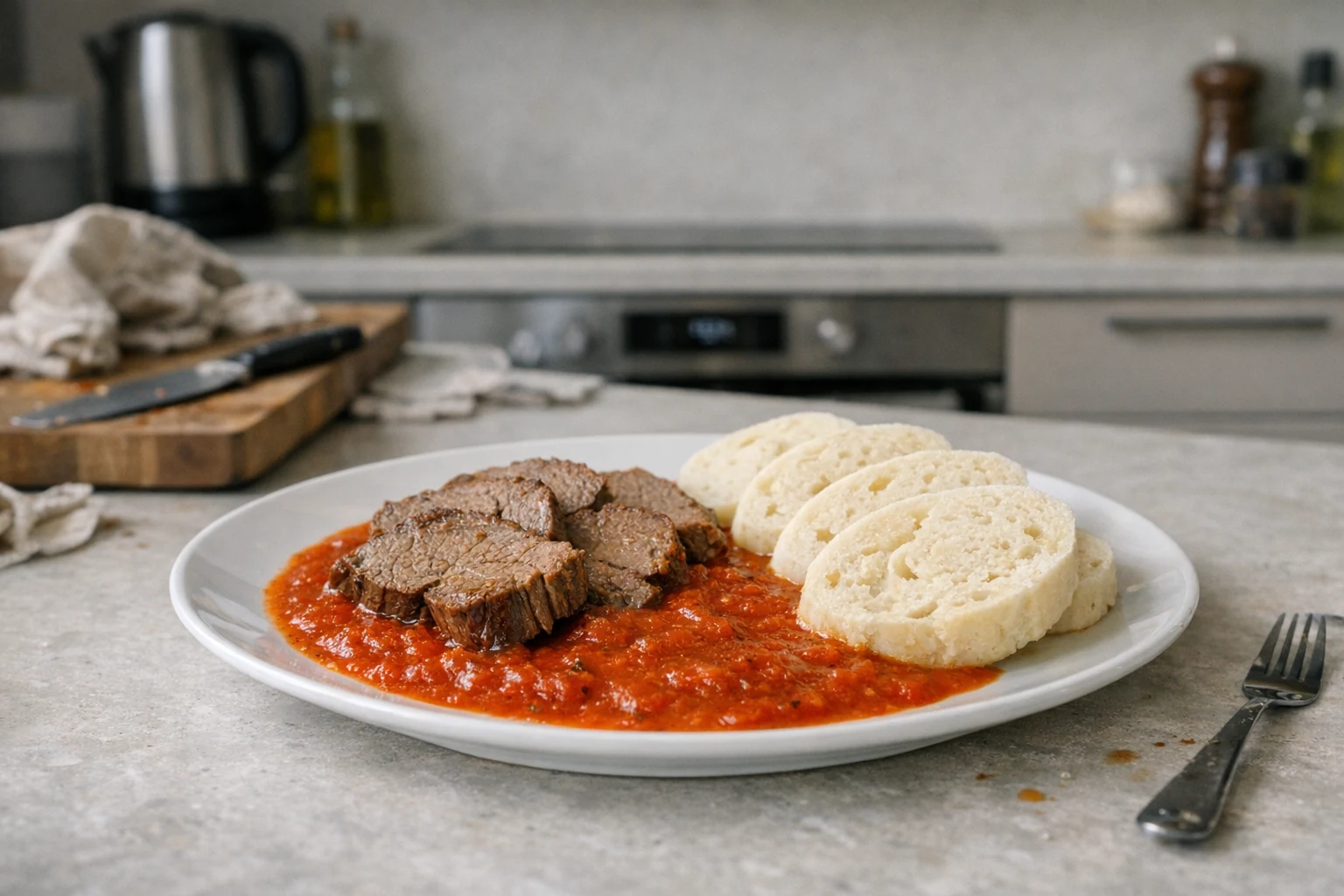 Hovädzie mäso s rajčinovou omáčkou a knedľou