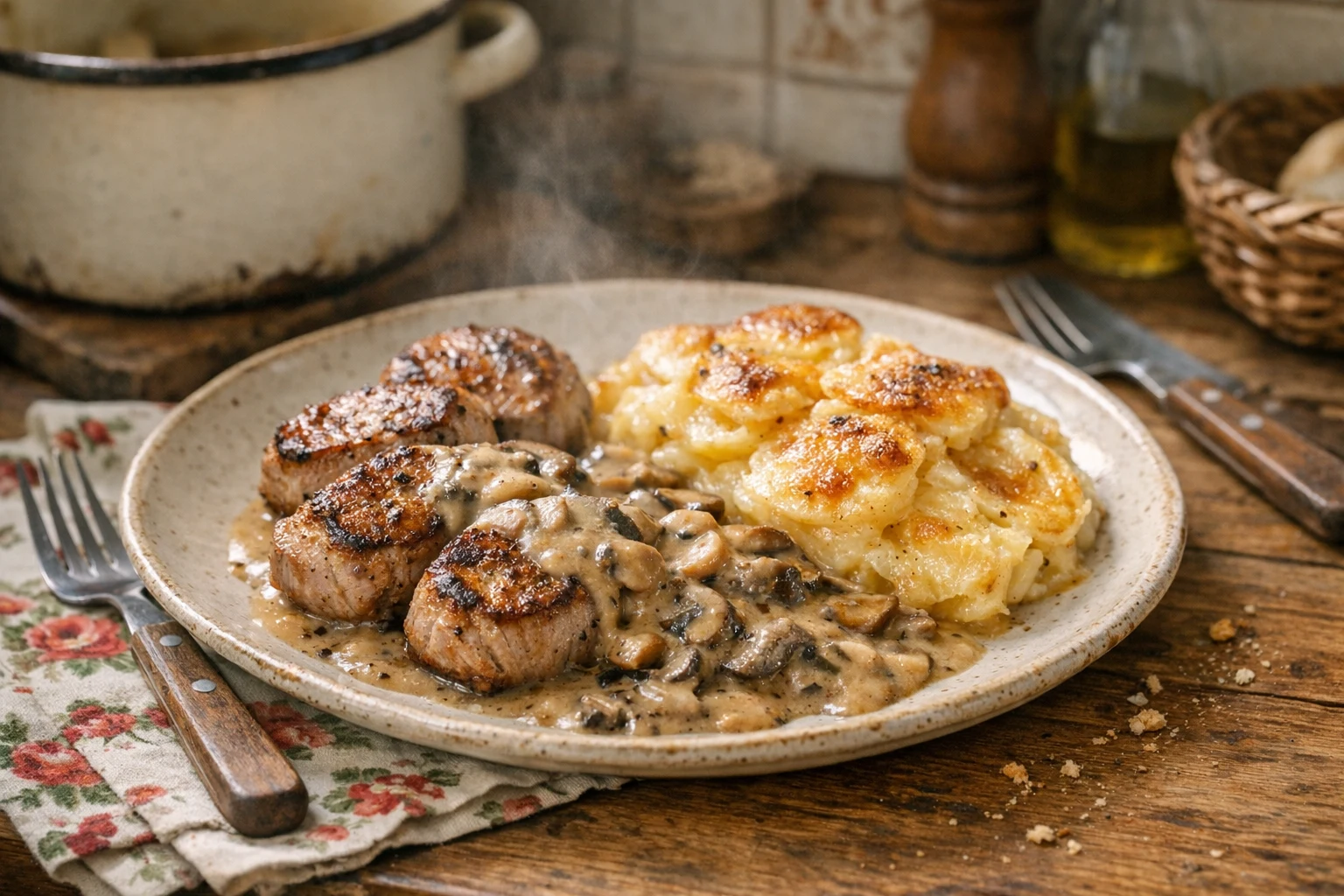 Steaky z panenky s gratinovanými zemiakmi a hubovou omáčkou