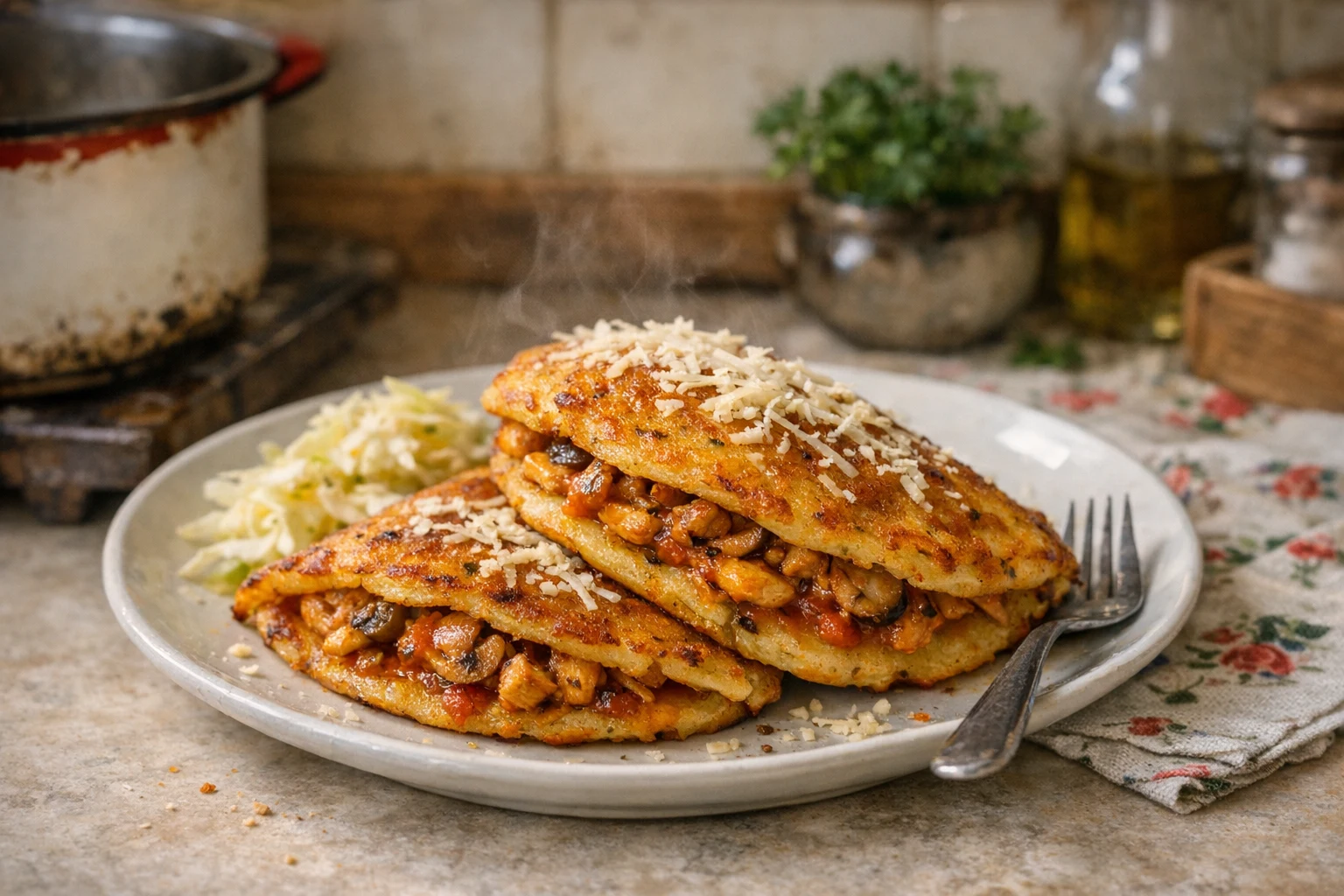 Zemiakové placky plnené kuracím soté