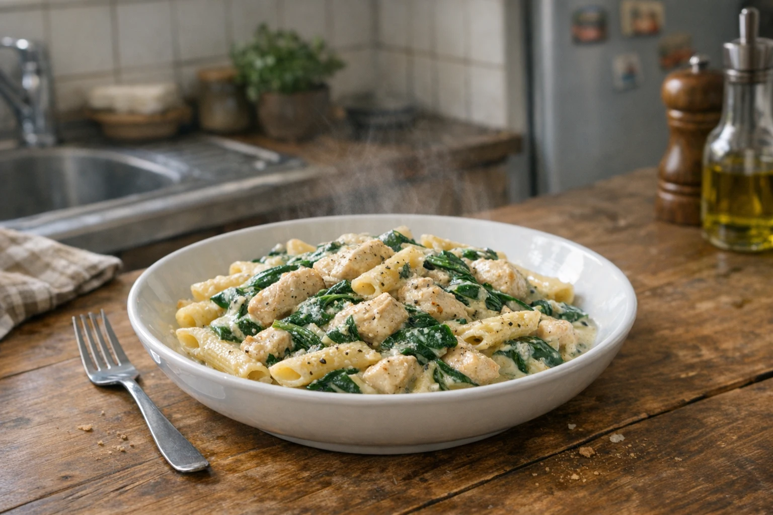 Cestoviny s kuracím mäsom a baby špenátom v smotanovej omáčke