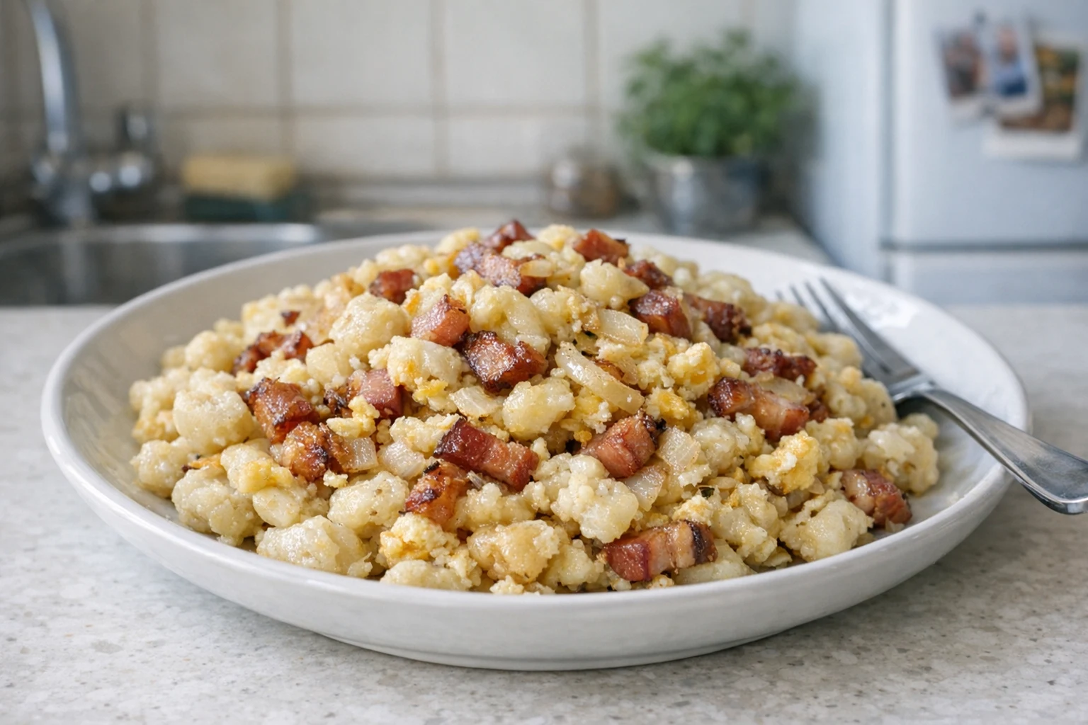 Halušky s vajcom, cibuľkou a údenou slaninkou
