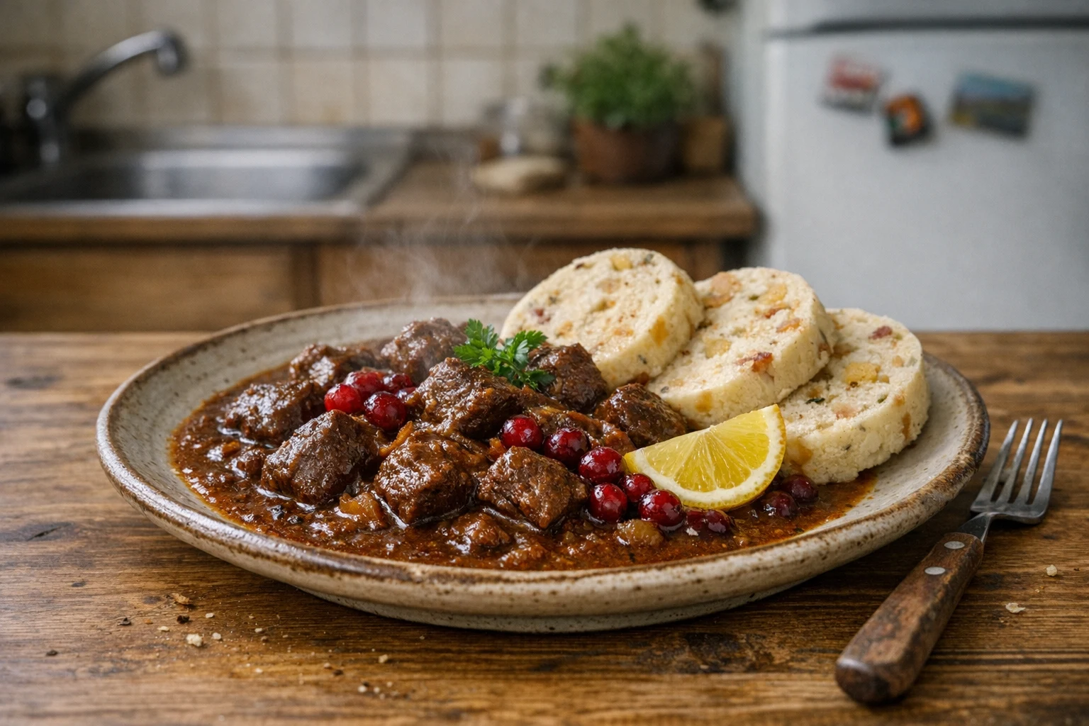 Jelení guláš s knedľou