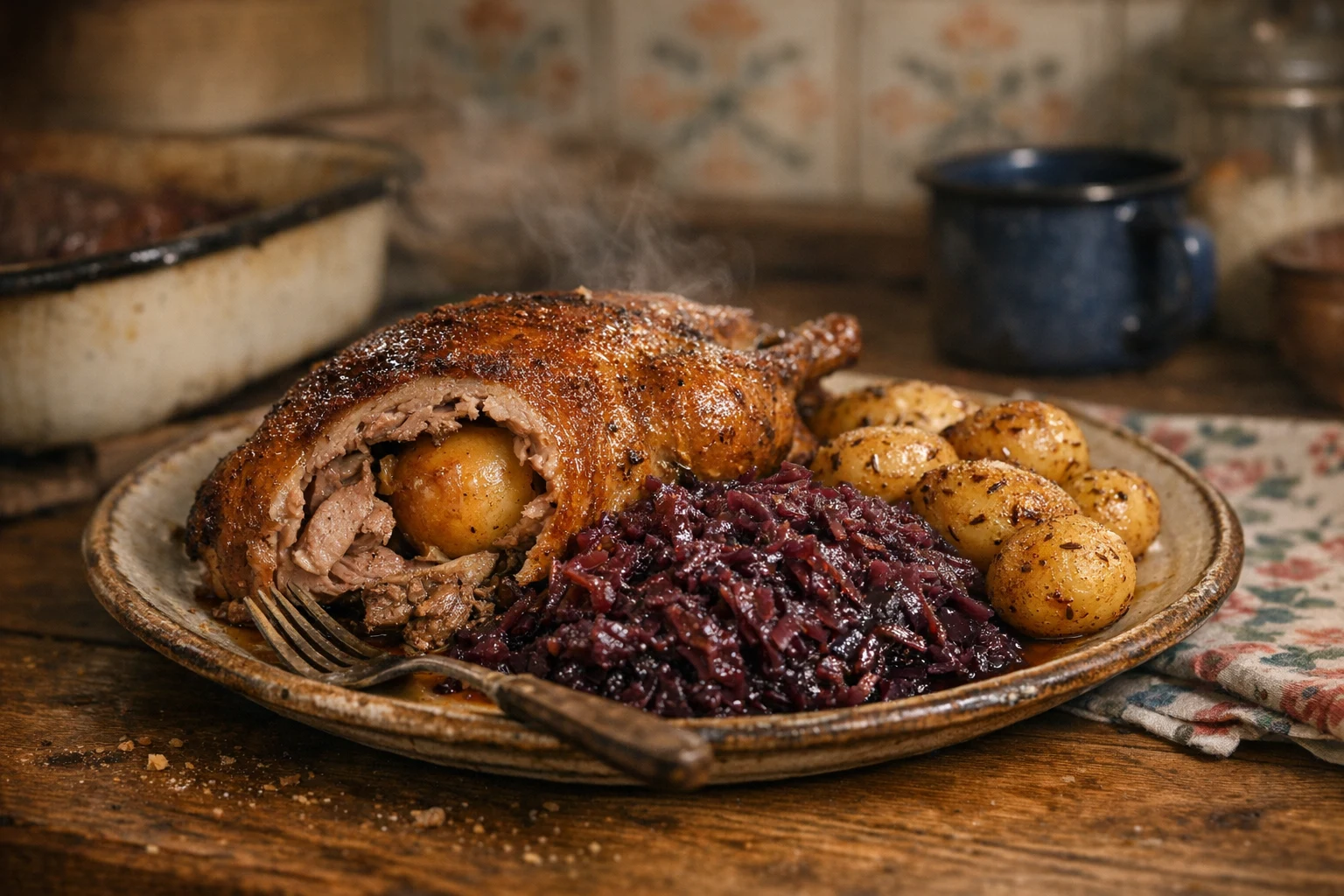 Pečená kačica plnená jablkom a červená kapusta na karamele