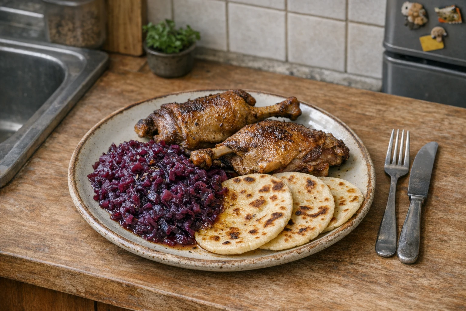 Pečená kačka s červenou kapustou a lokšami