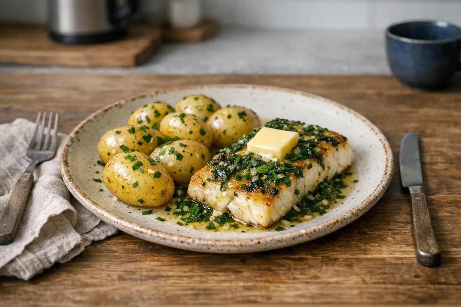 Pečená treska na masle s jarnými bylinkami a novými zemiakmi s pažítkou