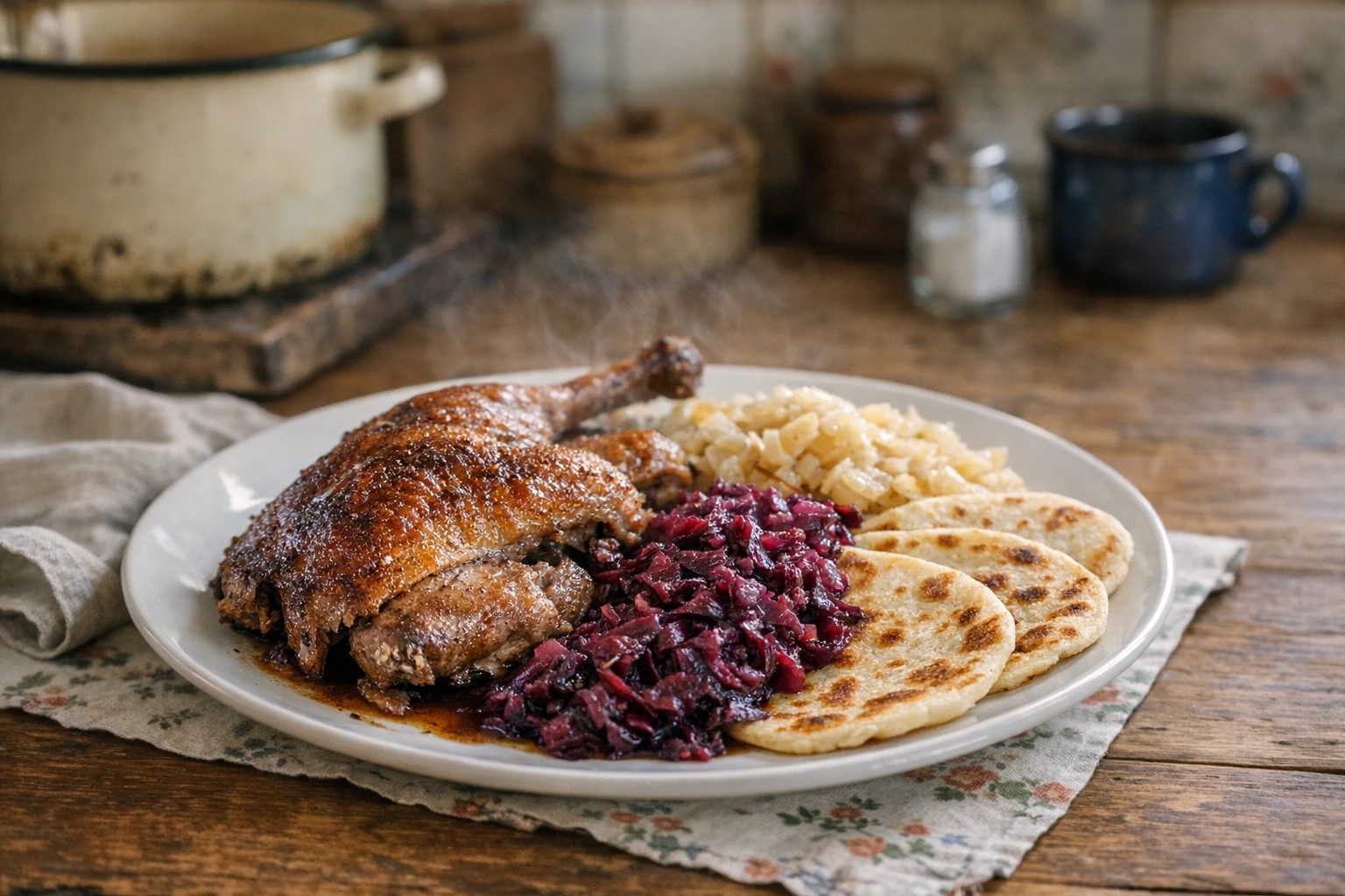 Pomaly pečená kačka s kapustou na červenom víne a karamelom so zemiakovými lokšami