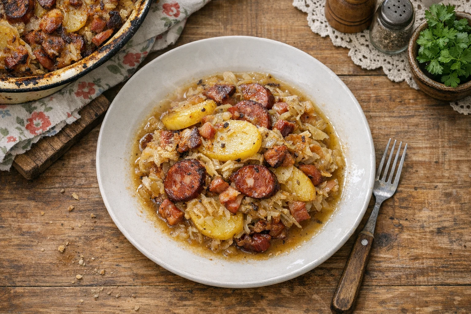 Prekladané zemiaky s kyslou kapustou a domácou klobásou