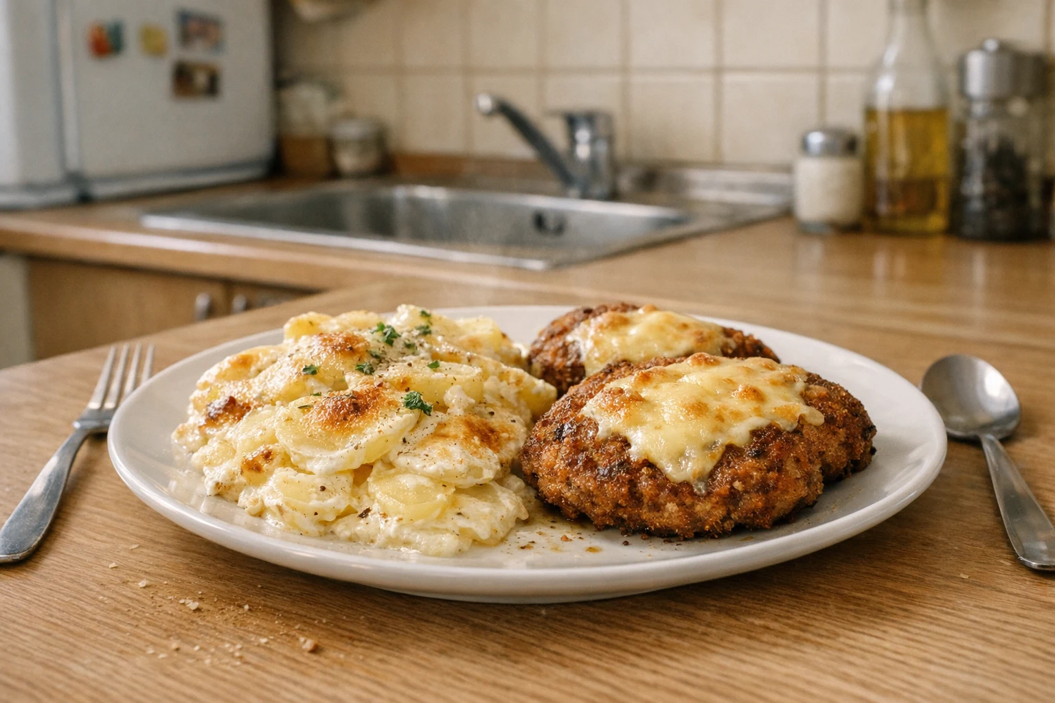 Smotanové zemiaky a mletý rezeň so syrom