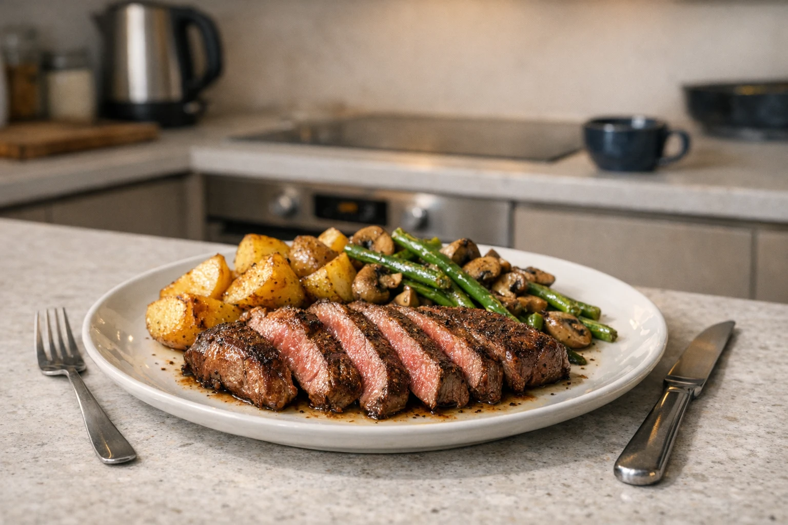 Šťavnatý rump steak so zemiakmi a šampiňónmi