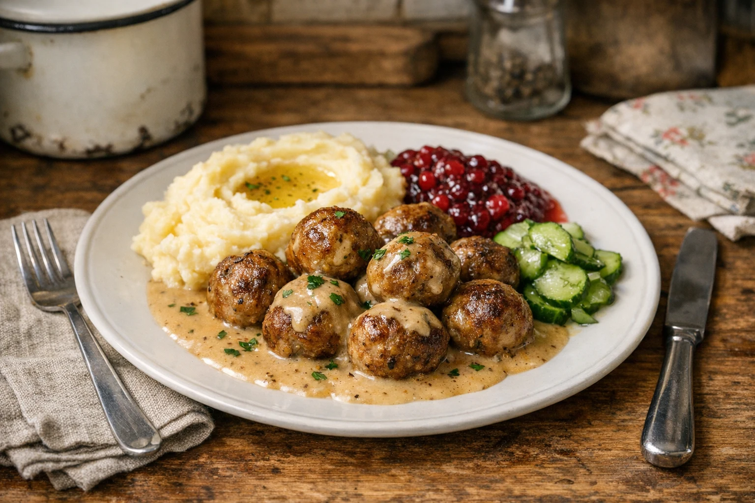 Švédske mäsové guľky (köttbullar) so smotanovou omáčkou a brusnicami