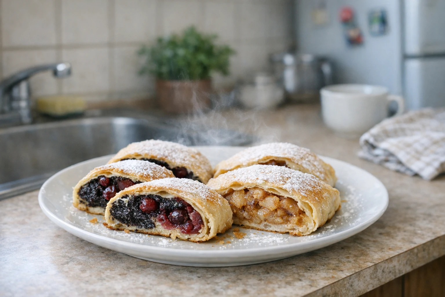 Ťahaná štrúdľa s makovo-višňovou a jablkovou náplňou