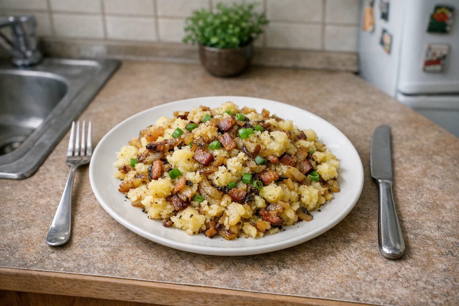 Zemiaky s opečenou cibuľou a jarnou cibuľkou