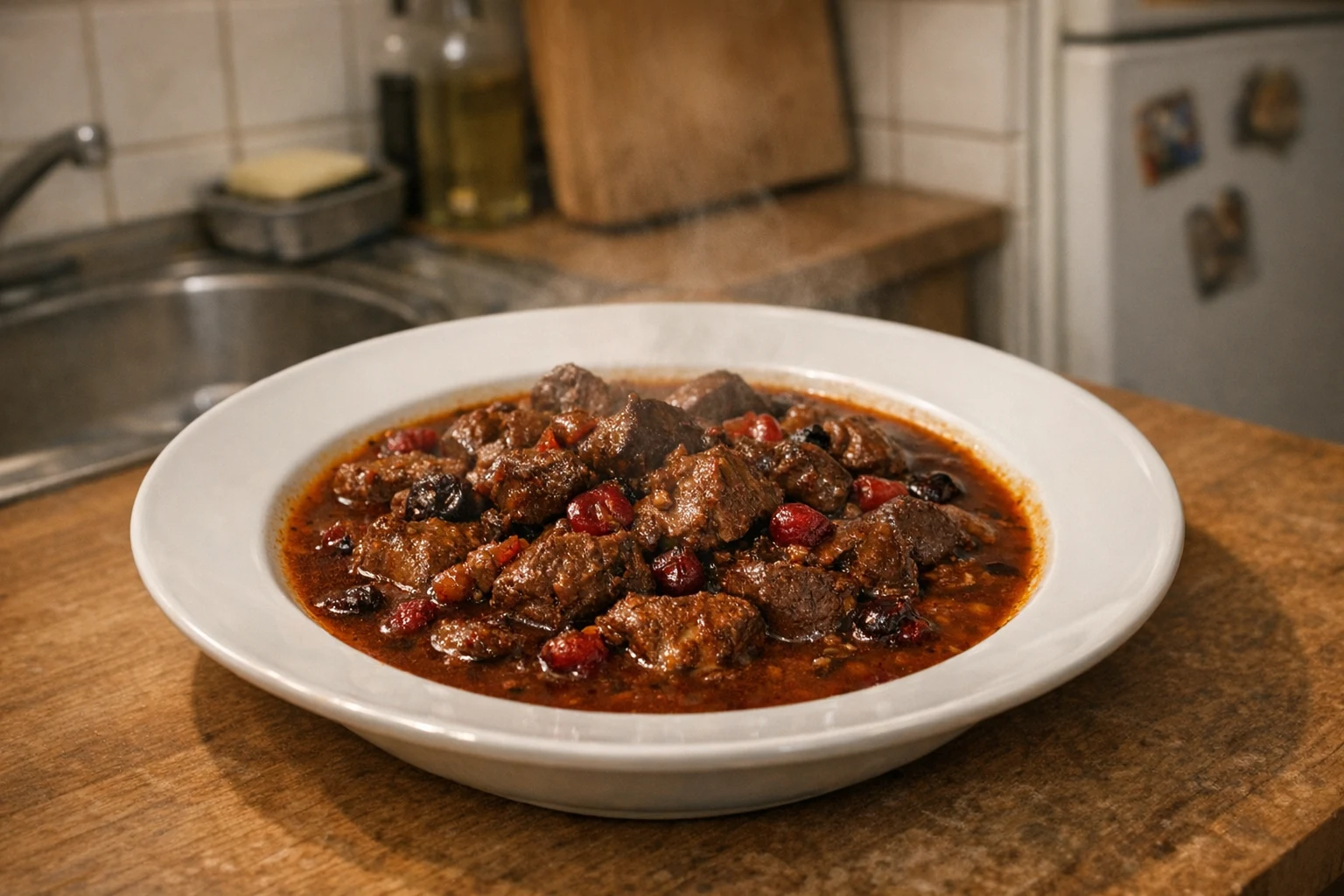 Guláš z diviny na červenom víne s brusnicami