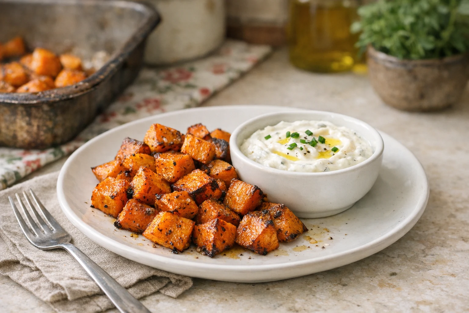 Pečené batáty s cesnakovým dipom