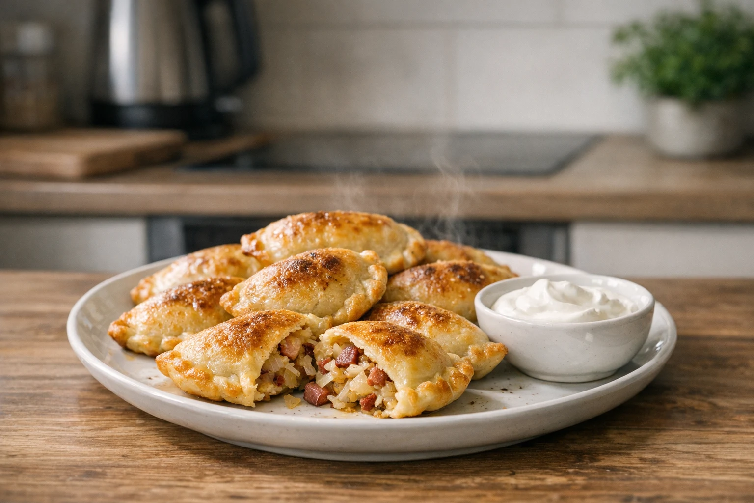 Pečené zemiakové pirohy s kyslou kapustou a údeným mäsom