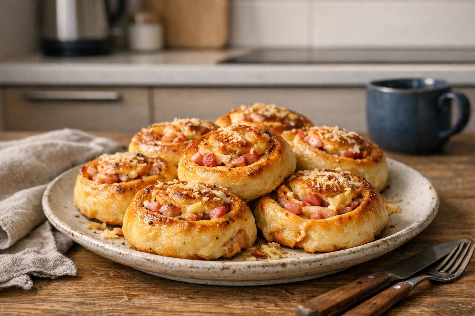 Šunkovo-syrové slimáky z kysnutého cesta