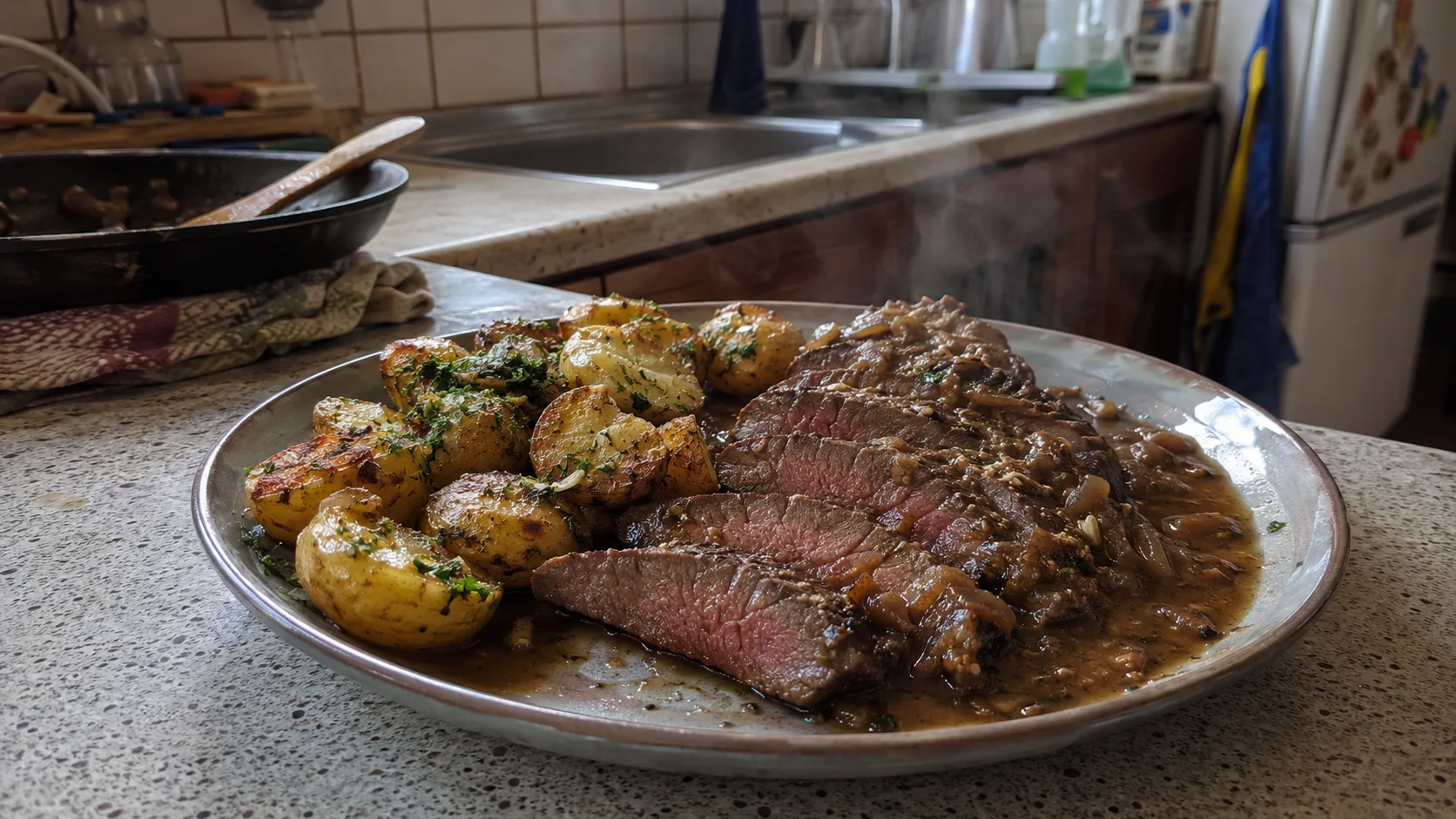Steak z daniela s opekanými zemiakmi a cibuľovou omáčkou